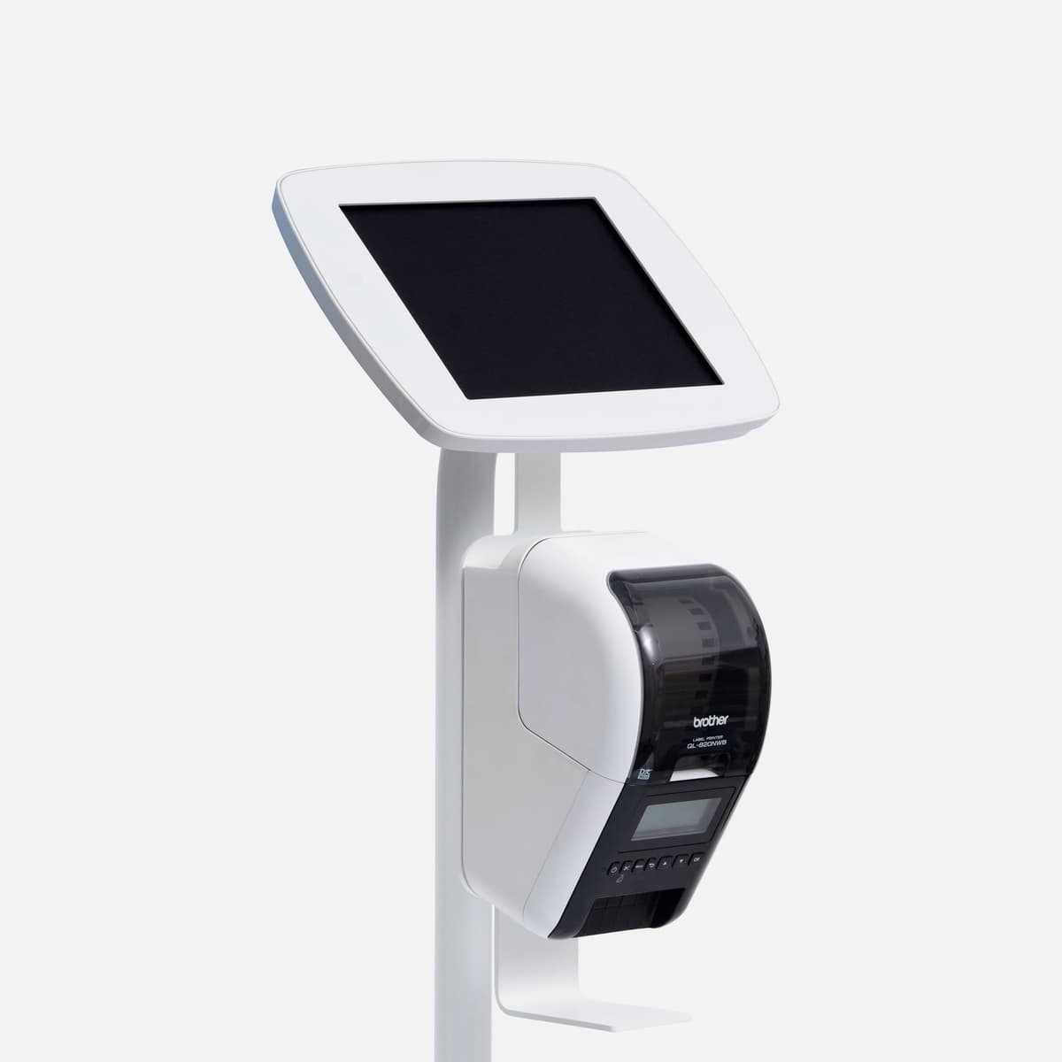 Bouncepad Original Floorstanding with Brother Printer Mount — tablet kiosk stand with integrated thermal printer